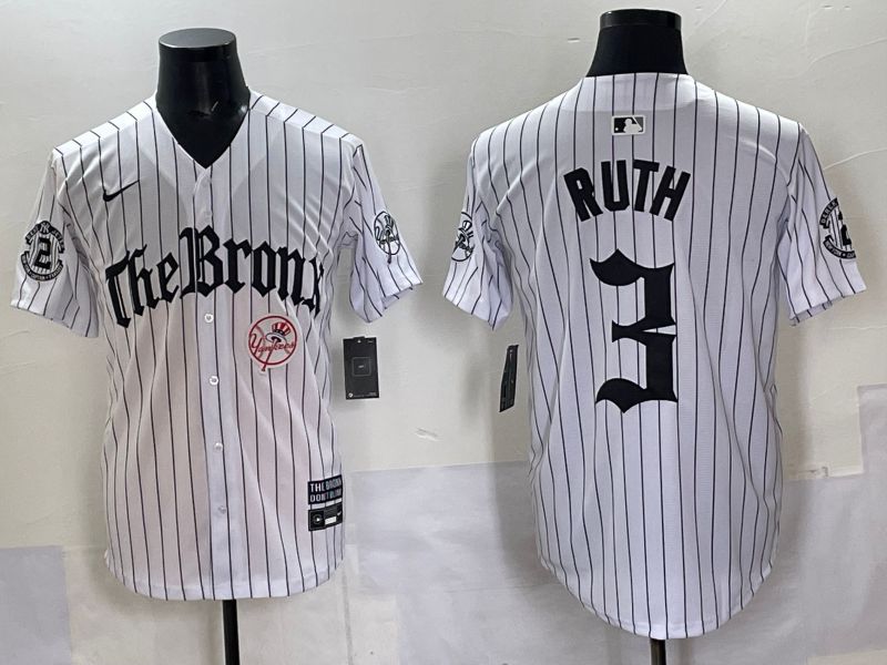 Men 2025 New York Yankees #3 Ruth White Stripe Five generations Joint Name Nike MLB Jersey style 09->new york yankees->MLB Jersey